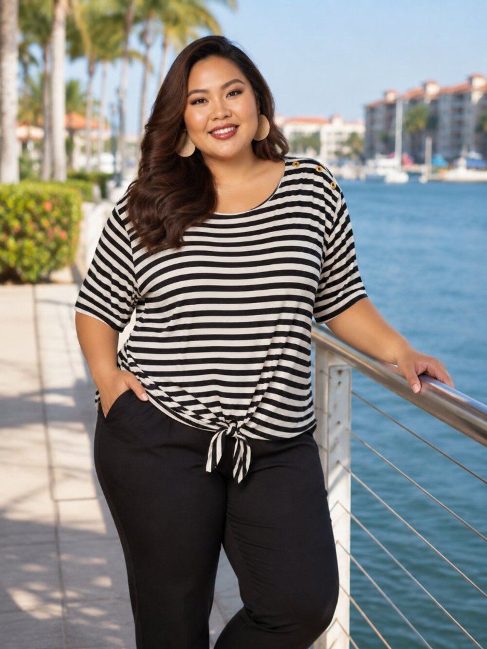 ELLEN TRACY Black White Striped Tee Plus Size 2X Tie Front Scoop Neck Top